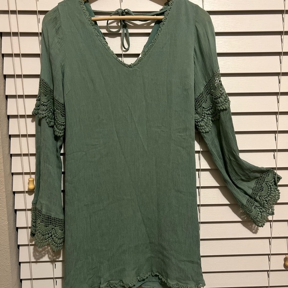 Boho Crochet Bell Sleeve Sage Green Dress Cottagcore Coquett Whimsical Earthy - Picture 12 of 12